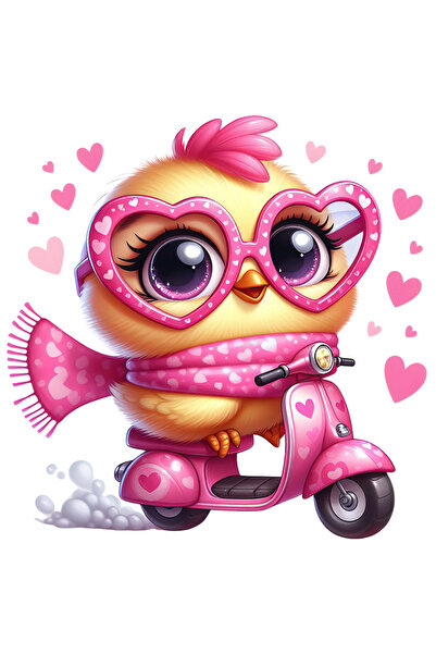 StoryGift Romania Sticker Autocolant 70CM cu un puisor de gaina, galben, fular roz, inimioare, se plimba cu scut