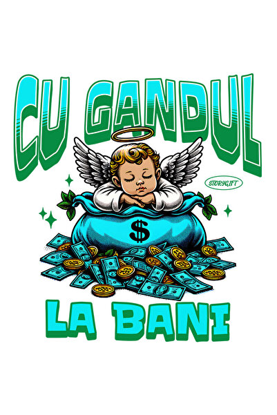 StoryGift Romania Sticker Autocolant 70CM cu Inger Copil Cu aripi dormind pe sac de bani, aur text cu gandul la