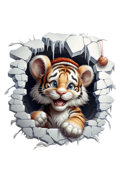 StoryGift Romania Sticker 70CM sticker with a cheerful tiger cub sticking its head out of a collapsed wall, and