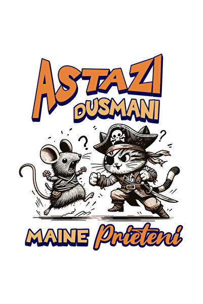 StoryGift Romania Sticker Adeziv 90CM cu Pisica Cu Palarie Pirat Si Soarece Lupta Desene Animate Text Astazi Dus