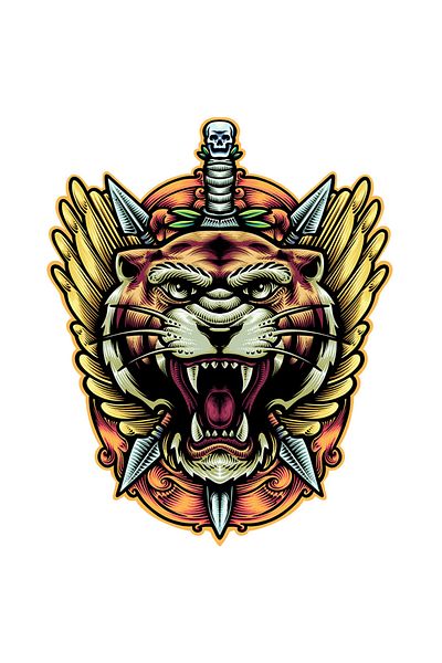 StoryGift Romania Sticker With Tiger, Arrows, Sword, Dagger, Wings, With White Edges, Pvc Vinyl 70 Cm