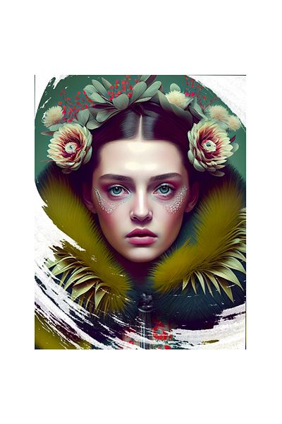 StoryGift Romania Adhesive Sticker 90CM Portrait Woman Green Fur Coat, Green Flowers On Head, Brunette Hair, Eyes