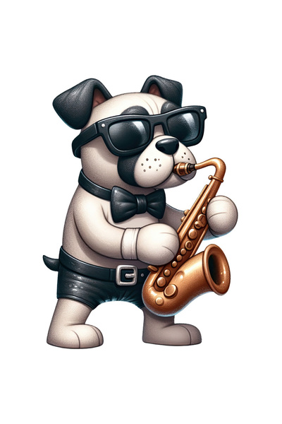 StoryGift Romania Sticker Autocolant 70CM cu un caine care canta la saxofon, ilustratie, ochelari, papion, instr