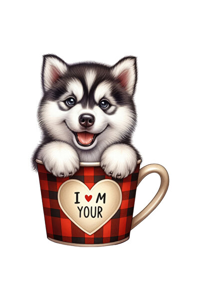 StoryGift Romania Sticker Cu Un Catel Malamut De Alaska, Ilustratie, Sta Intr-o Ceasca, Important, Cafea, gr