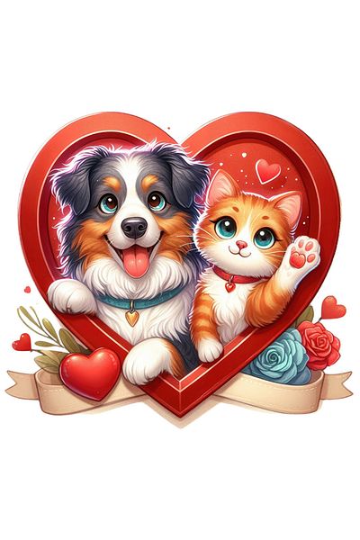 StoryGift Romania Sticker Label 50CM a kitten and a puppy, cheerfulness, heart-shaped frame, flowers, understand