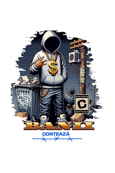 StoryGift Romania Sticker Eticheta 50CM Adeziv banii conteaza gangster cu hanorac si medalion cu Margini Albe, P