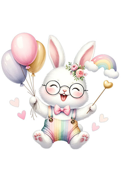 StoryGift Romania Sticker Cu Un Iepuras Vesel Care Tine Niste Baloane, Ilustratie, Ochelari, Flori, Funda,