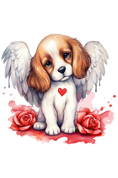 StoryGift Romania Sticker Eticheta 40CM cu un catel timid, aripi, ilustratie, trandafiri, inima, apreciere, cumi