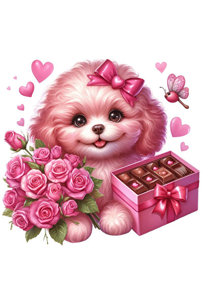 StoryGift Romania Sticker Autocolant 70CM cu o catelusa care a primit cadouri, buchet cu trandafiri, ciocolata,