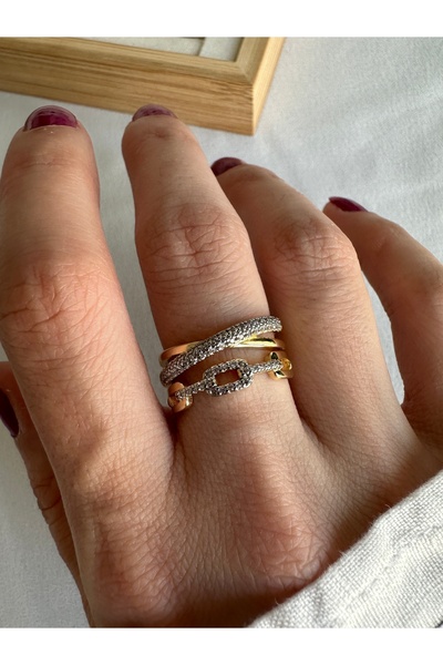 ringbox Çift Renkli Halka Zincir Taş Detaylı Yüzük