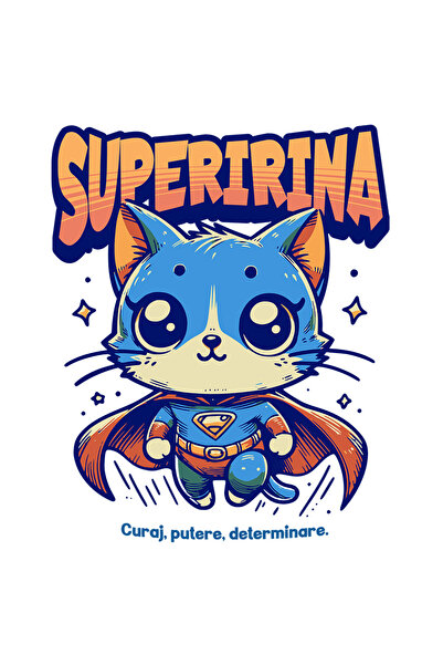 StoryGift Romania Sticker Adeziv 90CM Super Irina, SuperErou, Pisica Zburand cu Margini Albe, PVC Vinyl 90 cm