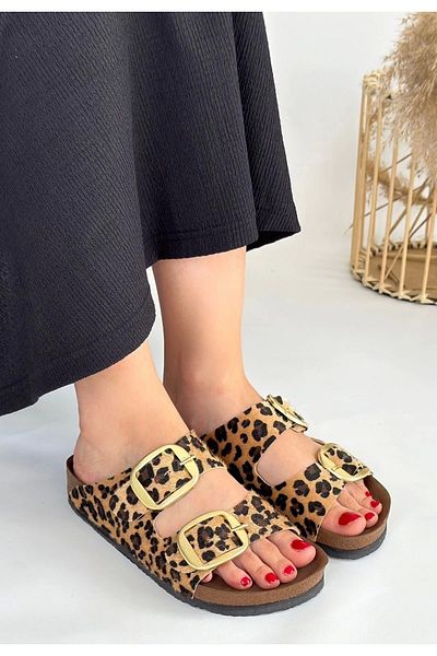 ECENAZELA Tanta Leopard Suede Buckle Slippers
