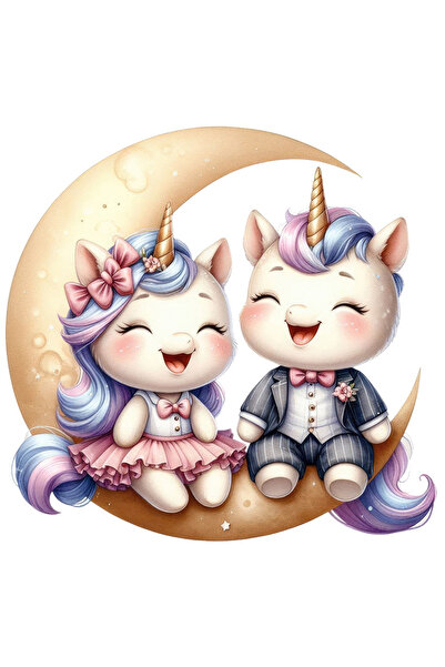StoryGift Romania Sticker Autocolant 70CM cu 2 unicorni care stau pe semiluna, rad, se simt bine, funda, costum,