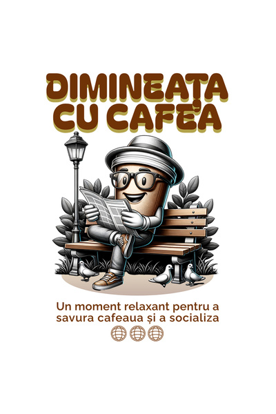 StoryGift Romania Sticker Autocolant 70CM Adeziv Dimineata cu cafea_ un moment relaxant pe banca cu Margini Alb
