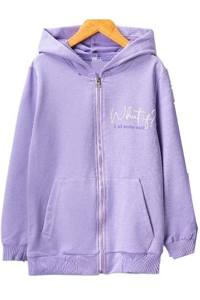 İrem Çocuk Giyim Girl's What Written Hooded Zipper Closure Seasonal Lilac Color Cardigan