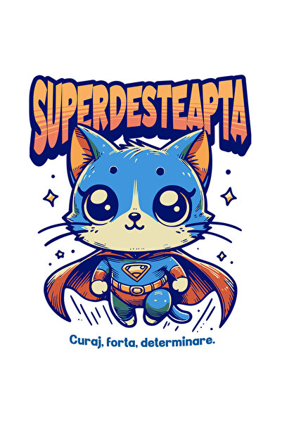 StoryGift Romania Sticker Eticheta 40CM Super Desteapta, SuperErou, Pisica Zburand cu Margini Albe, PVC Vinyl 40 cm