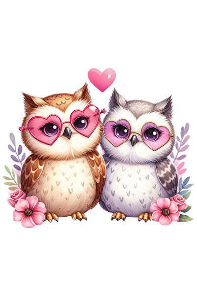 StoryGift Romania Sticker Autocolant 70CM cu 2 bufnite cu ochelari in forma de inimioare, ilustratie, floricele,