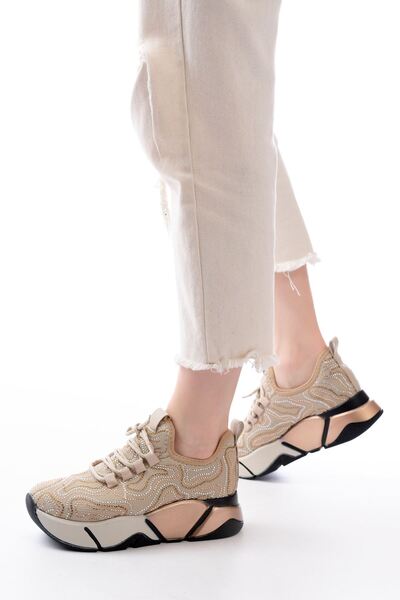 ASKA Askars-402 Beige Lace-Up Mesh Stone Colored Sole Daily Women's Sports