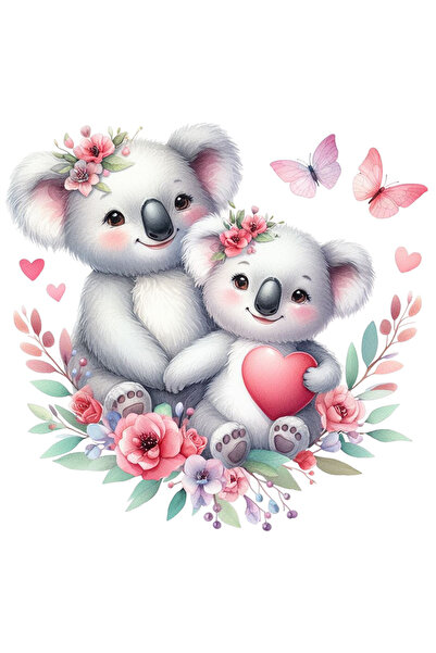 StoryGift Romania Sticker Adeziv 90CM cu 2 ursuleti Koala, ilustratie, fluturi, inimioare, iubire, afectiune, fl