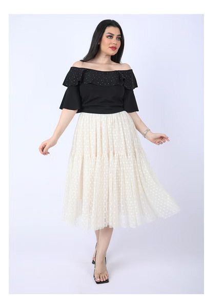 FULLJOY Elegant two-piece set: black blouse and white tulle skirt