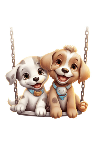 StoryGift Romania Sticker Autocolant 70CM cu 2 catelusi care se dau in leagan, ilustratie, amici, bucurosi, vese