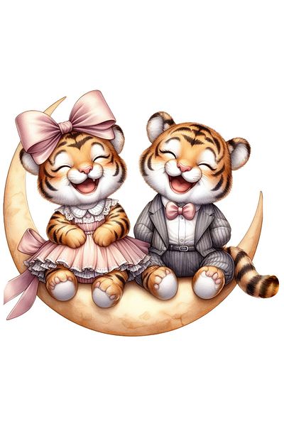 StoryGift Romania Sticker Label 50CM with 2 laughing tigers, illustration, having fun, friendship, affection, crescent