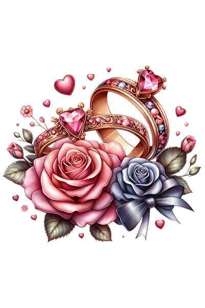 StoryGift Romania Sticker Eticheta 40CM cu 2 inele cu diamante pentru logodna, ilustratie, trandafiri, inimioare