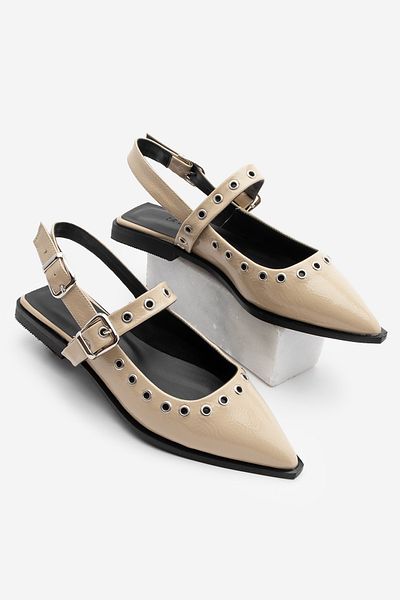 Marjin Damen-Ballerinas mit spitzer Zehenpartie, Trock-Riemen, offener Rücken, Schal, Daily-Ballerinas, Parzin, beige Lackleder