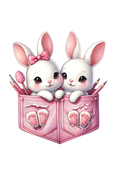 StoryGift Romania Sticker Adeziv 90CM cu 2 iepurasi, ilustratie, stau in buzunare, creioane colorate, funda cu