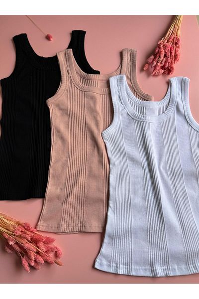 VicTroy Linea, 3-Piece Black, Dusty Rose and White Color, Ribbed Thick Strap, Cotton Women's Undershirt