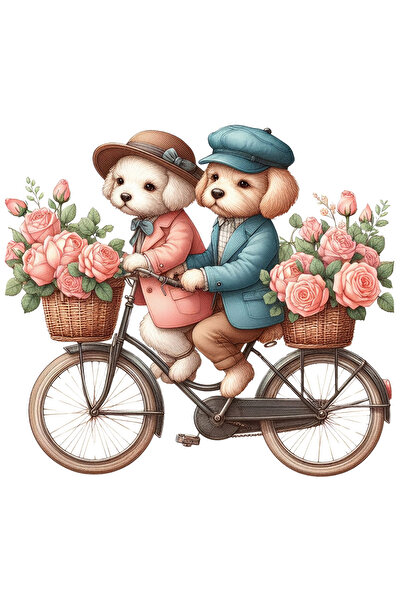 StoryGift Romania Sticker Autocolant 70CM cu 2 catei care se plimba cu bicicleta, ilustratie, cosulete cu tranda