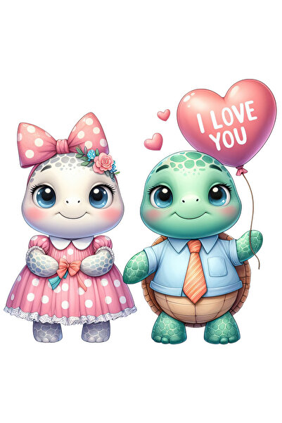 StoryGift Romania Sticker Label 50CM with 2 turtles, illustration, dress, pink, flower, hearts, balloon