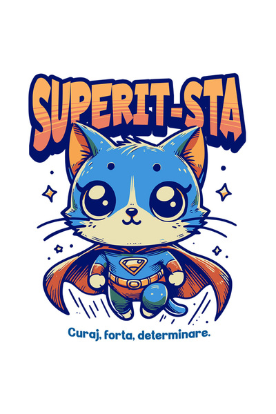 StoryGift Romania Sticker Eticheta 50CM Super IT-sta, SuperErou, Pisica Zburand cu Margini Albe, PVC Vinyl 50 cm