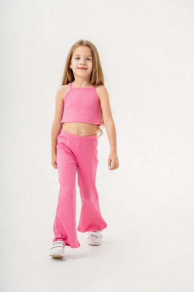 Magu Girl's Cotton Pink Ribbed Strap Crop and Wide Leg Pants 2 Piece Set