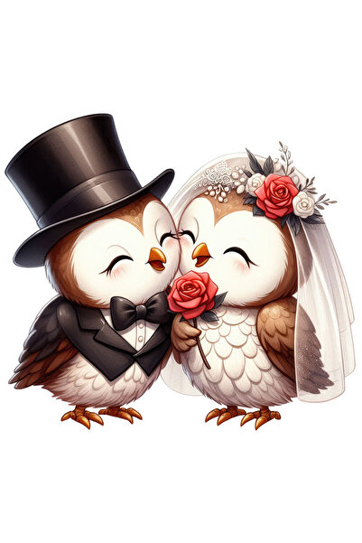 StoryGift Romania Sticker Adeziv 90CM cu 2 bufnite la nunta, ilustratie, casatorie, mireasa, ginere, moment spec