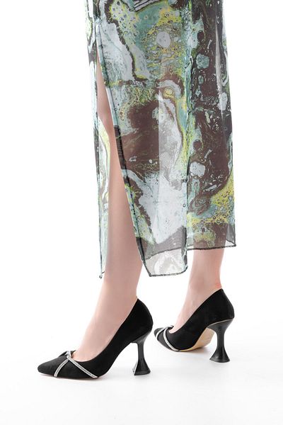 ASKA K-10 Black Suede Daily Spiral Stone Heeled Women's Shoes
