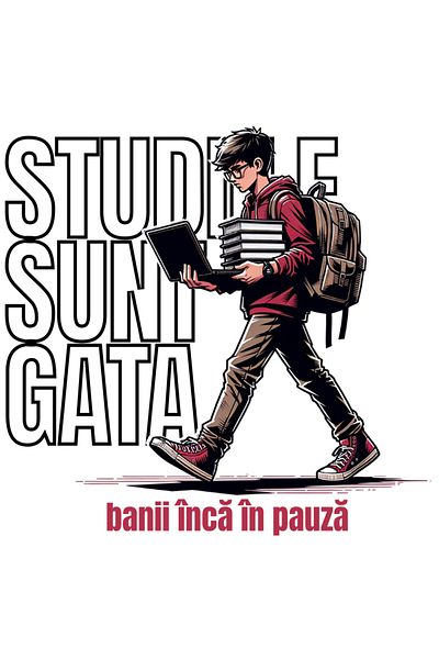 StoryGift Romania Sticker Eticheta 50CM Adeziv baiat cu laptop studiile sunt gata banii inca in pauza cu Margini