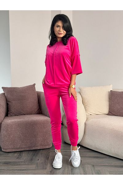 RAMONA BADESCU EXCLUSIVE Women's Fuchsia Velvet Tracksuit – 3/4 Sleeve Blouse and Tapered Pants – XS-XL