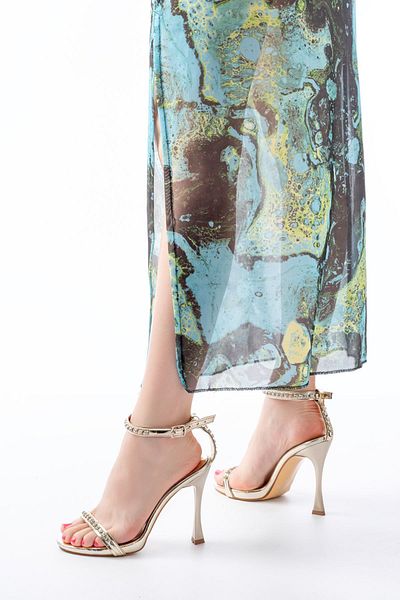 İNFON İnfon A-30 Gold Stone Accessory Platform Heeled Women's Slippers