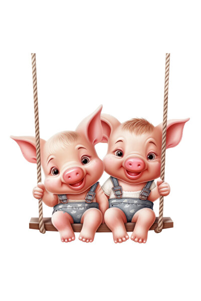 StoryGift Romania Sticker Eticheta 40CM cu 2 purcelusi care se dau in leagan, ilustratie, amici pentru joaca, bu