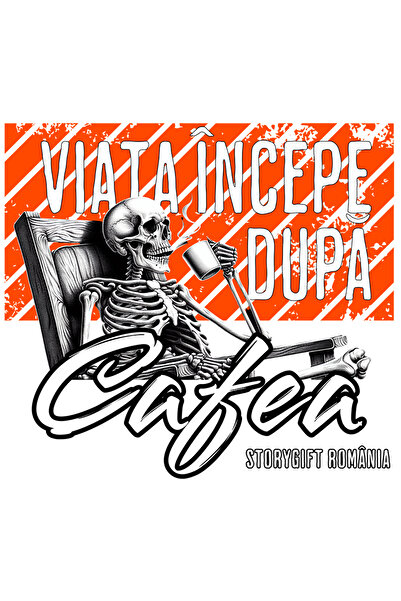 StoryGift Romania Sticker Autocolant 70CM Adeziv Viata incepe după Cafea schelete pe sezlong cu Margini Albe, P