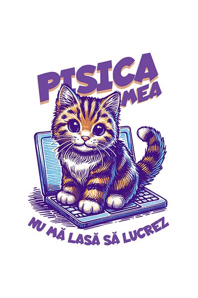 StoryGift Romania Sticker Eticheta 50CM Adeziv Pisica pe laptop, text Pisica nu ma lasa lucrez cu Margini Albe,