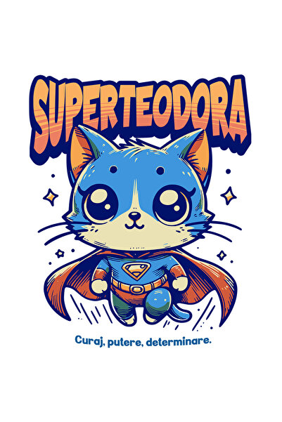 StoryGift Romania Sticker Autocolant 70CM Super Teodora, SuperErou, Pisica Zburand cu Margini Albe, PVC Vinyl 70 cm