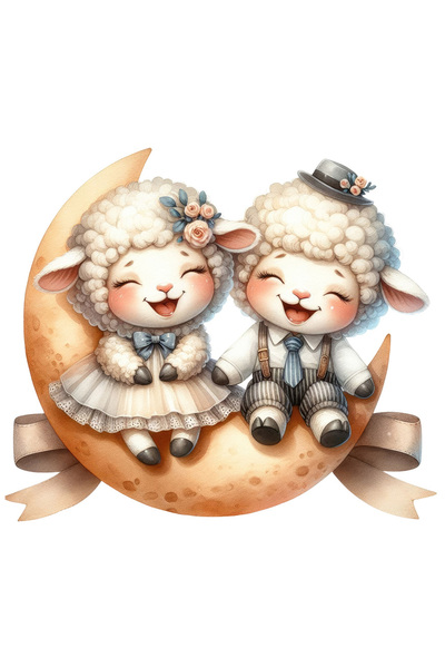 StoryGift Romania Sticker Cu 2 Oite Care Stau Pe Semiluna, Ilustratie, Rad, S...