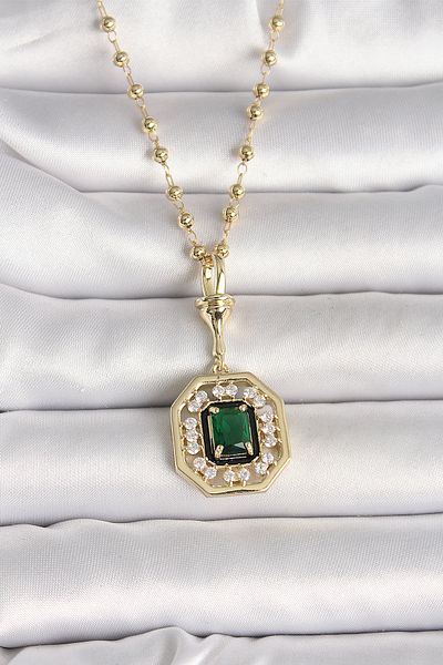 Skygo 316L Steel Gold Color Heel Chain Green Stone Seranay Model Women's Necklace - Tj-Bko9901