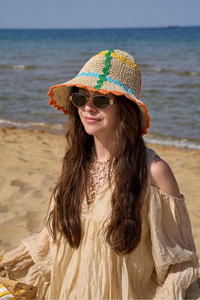 Tina İstanbul Hand Knitted Colorful Hat Beige Orange