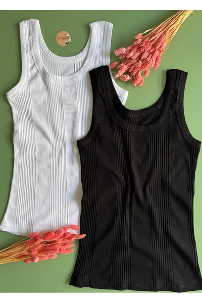 VicTroy Linea, 2-Piece Black and White Color, Ribbed Thick Strap, Cotton Women's Undershirt