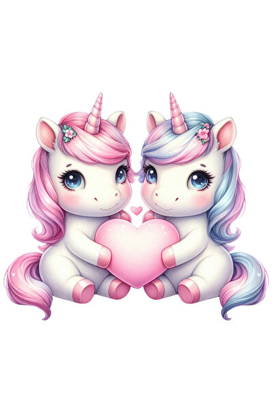 StoryGift Romania Sticker Autocolant 70CM cu 2 unicorni care tin o inima, ilu...