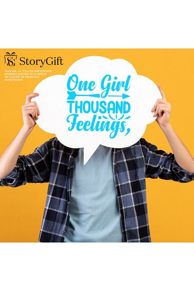 StoryGift Romania Sticker Eticheta 50CM Exterior cu o sageata si textul "One girl, thousand feelings" - o fata o