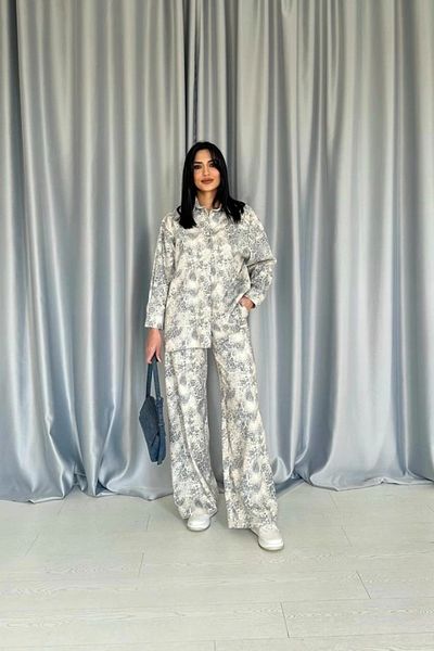nedo7 Gray Leopard Patterned Jacket and Trousers Linen Set